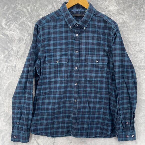 French Connection Flannel Shirt Mens XL Blue Plaid 100% Cotton Button Down - Picture 2 of 14
